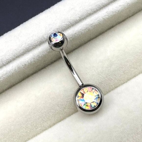 316L Stainless Steel with Iridescent AB Cubic Zirconia 14G Barbell Belly Ring - Picture 3 of 7